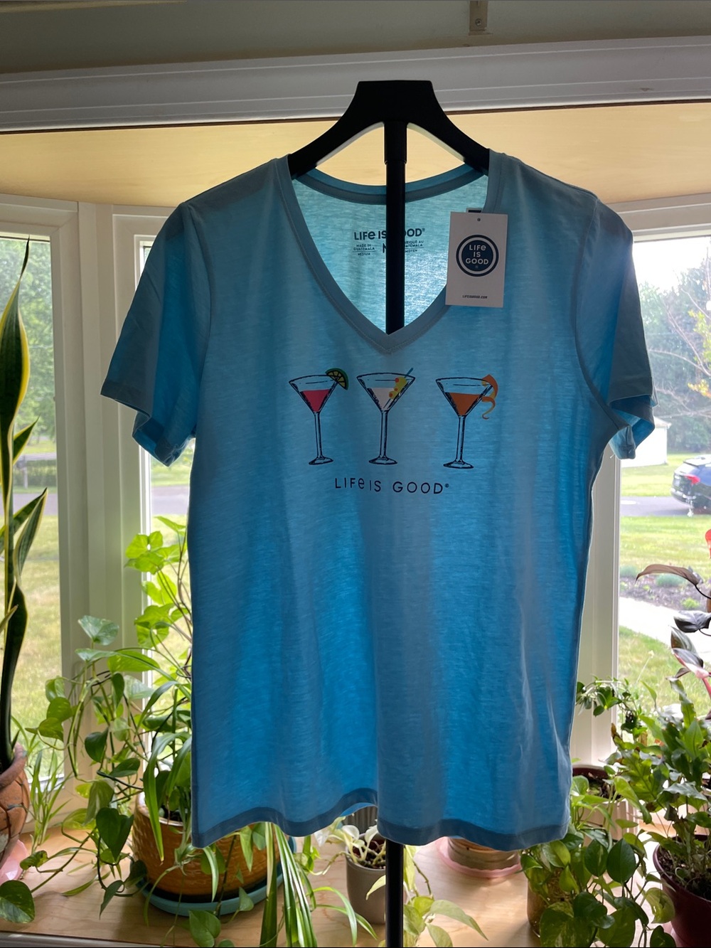 Life Is Good Light Blue V-Neck Tee with Cocktail Trio